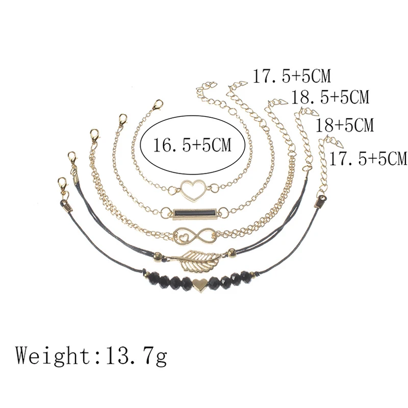 5 шт./компл. богемный браслет Мода сердце кристалл в форме листика бусины