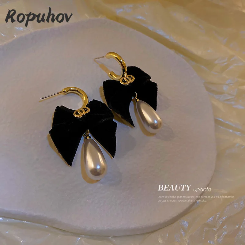 

Ropuhov 2021 новые корейские женские серьги из серебра 925 пробы с-образным фланелевым бантом и жемчугом
