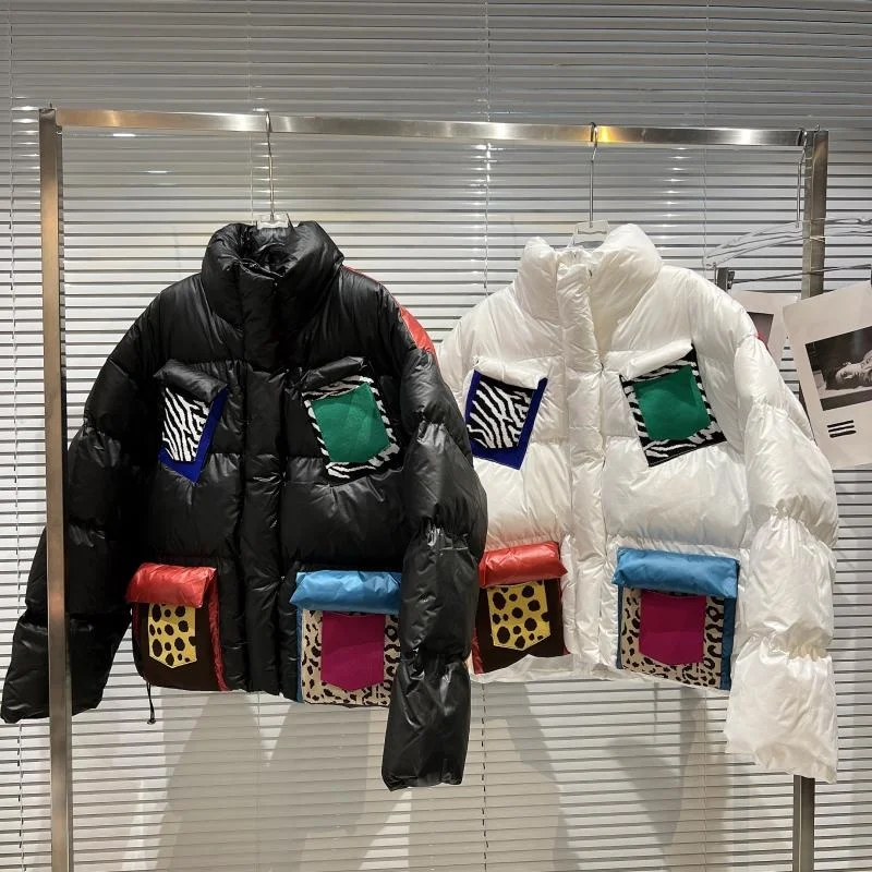 

Color Block Pocket Patched Turtleneck Puffer Coat Black / White