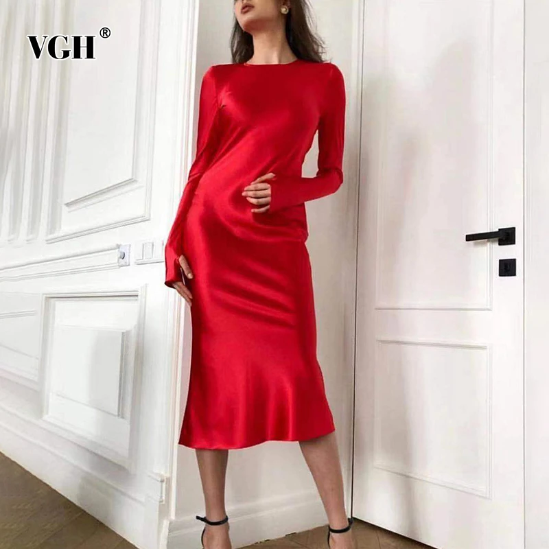VGH элегантное сатиновое женское платье с круглым вырезом и длинными рукавами