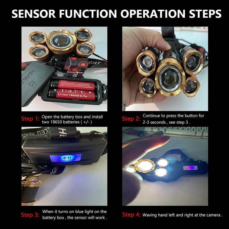 Мощсветильник светодиодный налобный фонарь 5200 мАч с ИК-датчиком для рыбалки одов