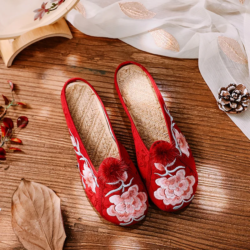 

Spring Autumn Handmade Women Canvas Flat Slippers Espadrilles Ladies Linen Cotton Fur Floral Embroidered Slide Shoes Woman