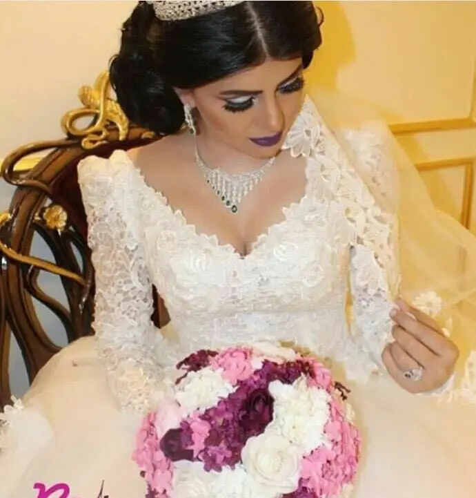

ÙØ³ØªØ§Ù† Ø²ÙØ§Ù vestido de noiva Blanche Mariage Elegant Ball V Neck Applique Lace Long Sleeve bridal Gown Bespoke Wedding Dresses