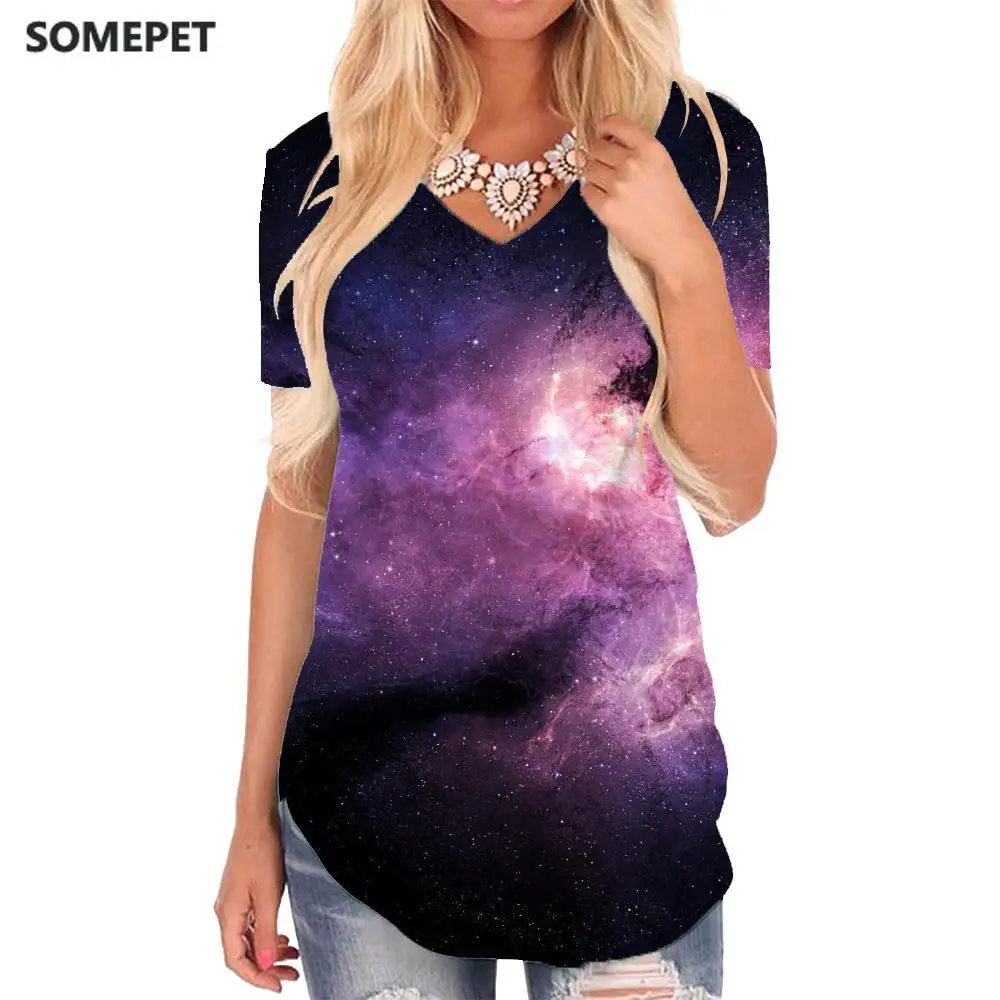 

SOMEPET Galaxy T Shirt Women Nebula Tshirts Printed Universe V-neck Tshirt Space Funny T shirts Womens Clothing Punk Rock Loose