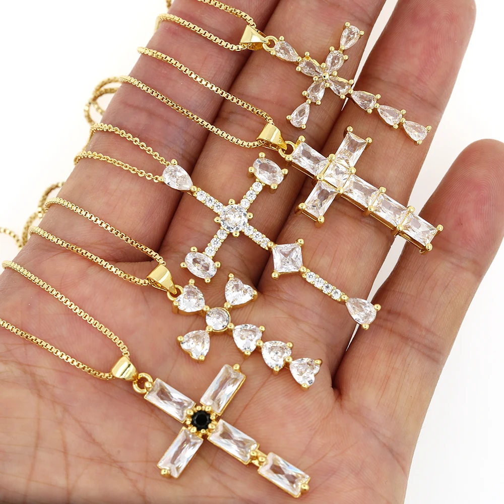 2022 Fashion Female Cross Pendants Gold Color Crystal Jesus Cross Pendant Necklace Jewelry For Men/Women Christmas Wholesale images - 6