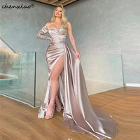 chenxiao elegant evening dresses sequin crystal mermaid v neck one shoulder sexy high slit pleat side train arabian gowns