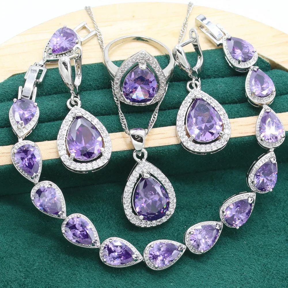 

Wedding 925 Sterling Silver Jewelry Sets For Women Green Pink Pink Zircon Bracelet Earrings Necklace pendant Ring Christmas Gift