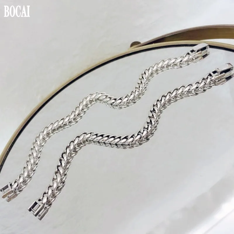 

BOCAI Real Pure s925 Silver Jewelry 2021 Trendy Simple Cuban Chain Glossy Couple Man and Woman Bracelet Retro Woven Tank Chain