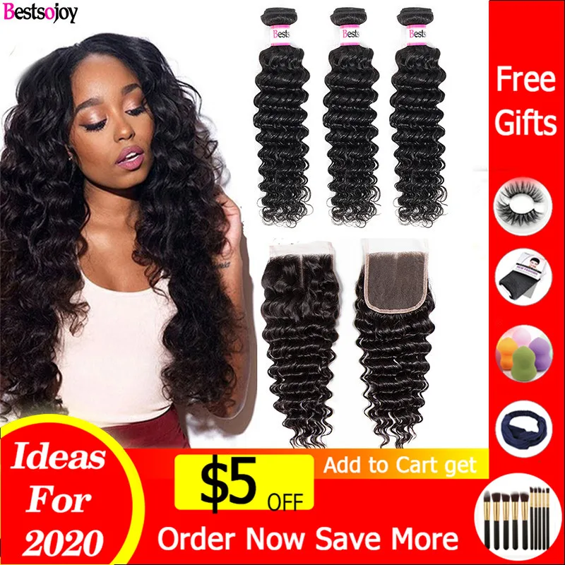 

Bestsojoy Remy Deep Wave Bundles With Closure Wet And Wavy Human Hair 3 Bundles With Closure Malaysian Hair Weave Bundles