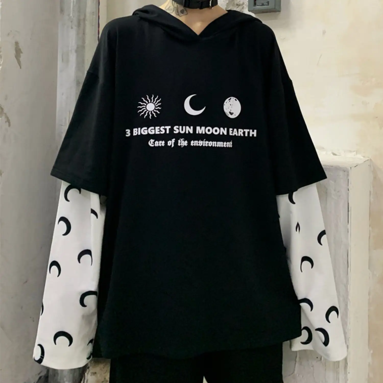 Harajuku уличная Винтажная Футболка для женщин, одежда, осень, корейский Ulzzang, с принтом, с капюшоном, Футболки женские, полный поддельные два топа