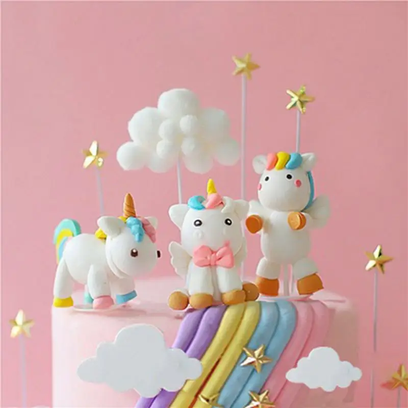 

Rainbow Happy Birthday Cake Topper Decor Birthday Unicorn Cake Soft Pompom Cloud Cupcake Toppers Flags Wedding Party Baby Shower