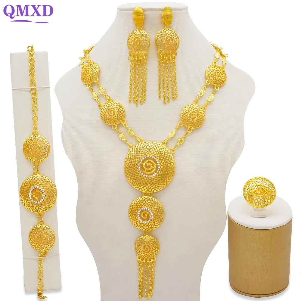 

Bridal Long tassel Gold Color Necklace Sets For Women Jewelry sets Dubai Nigeria Crystal Wedding Jewelry Sets