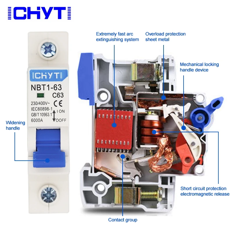 Домашний миниатюрный выключатель C типа AC MCB NBT1-63 3P 6A 10A 16A 20A 25A 32A 40A 50A 63A |