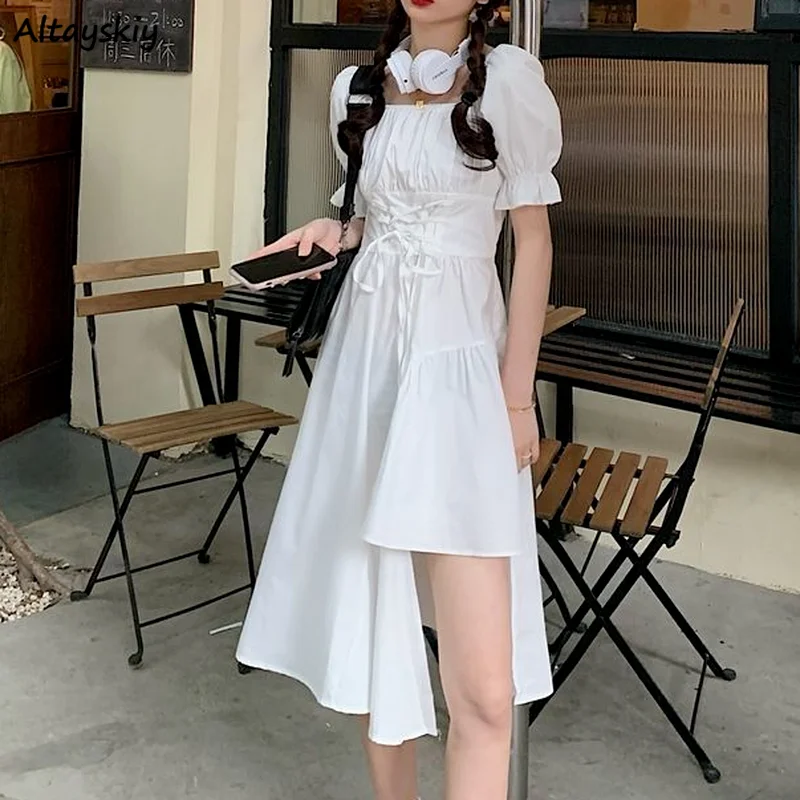 

Women Dresses Short Puff Sleeve Solid Trendy Ruffles Irregular Hem Asymmetrical Designed Unique Gentle Fairy Retro Sweet Lace-up