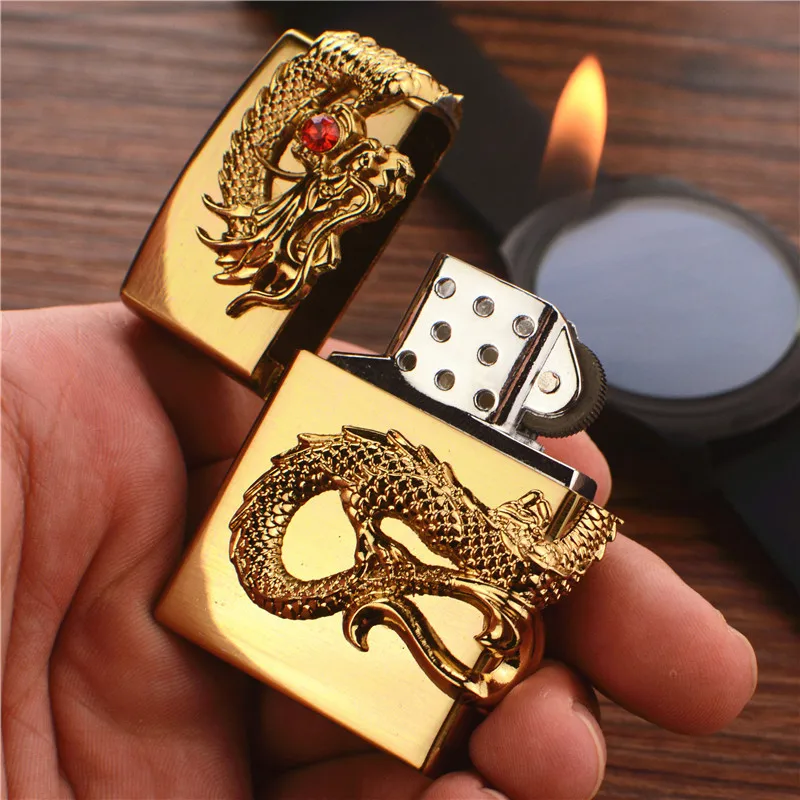

Dragon Sticker Chapter Metal Kerosene Lighter flint Grinding Wheel Cigarette Lighter Windproof Torch Lighter Encendedores