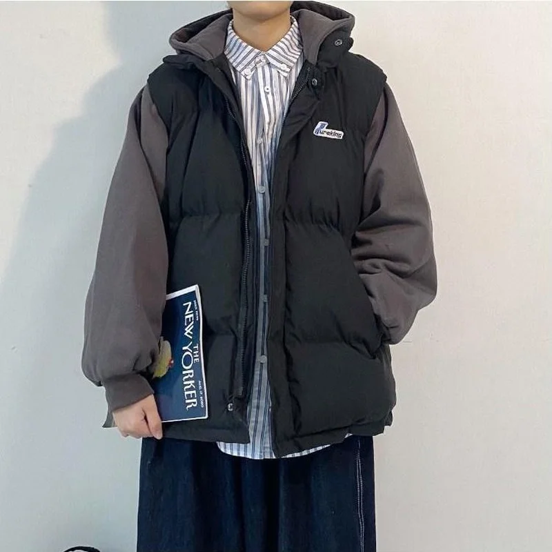 HOUZHOU Men's Padded Winter Jackets for Men Padded Coats Warm Hoodies Black Khaki Casual Korean Streetwear Harajuku Patchwork