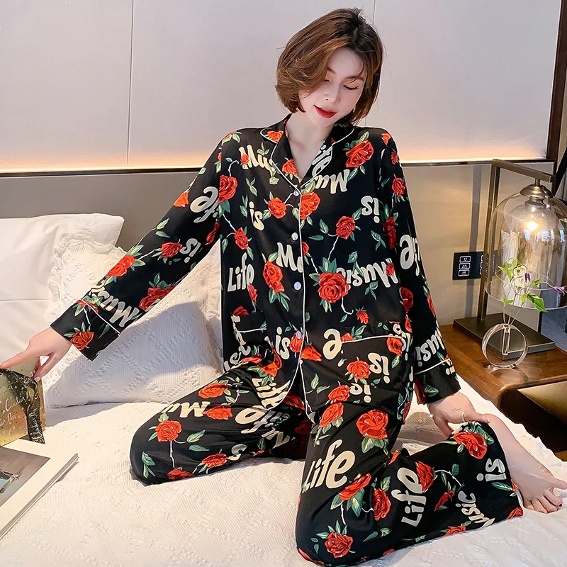 

Летняя модная атласная Женская пижама FZSLCYIYI с длинным рукавом и принтом в виде роз, одежда для сна, домашняя одежда из шелка