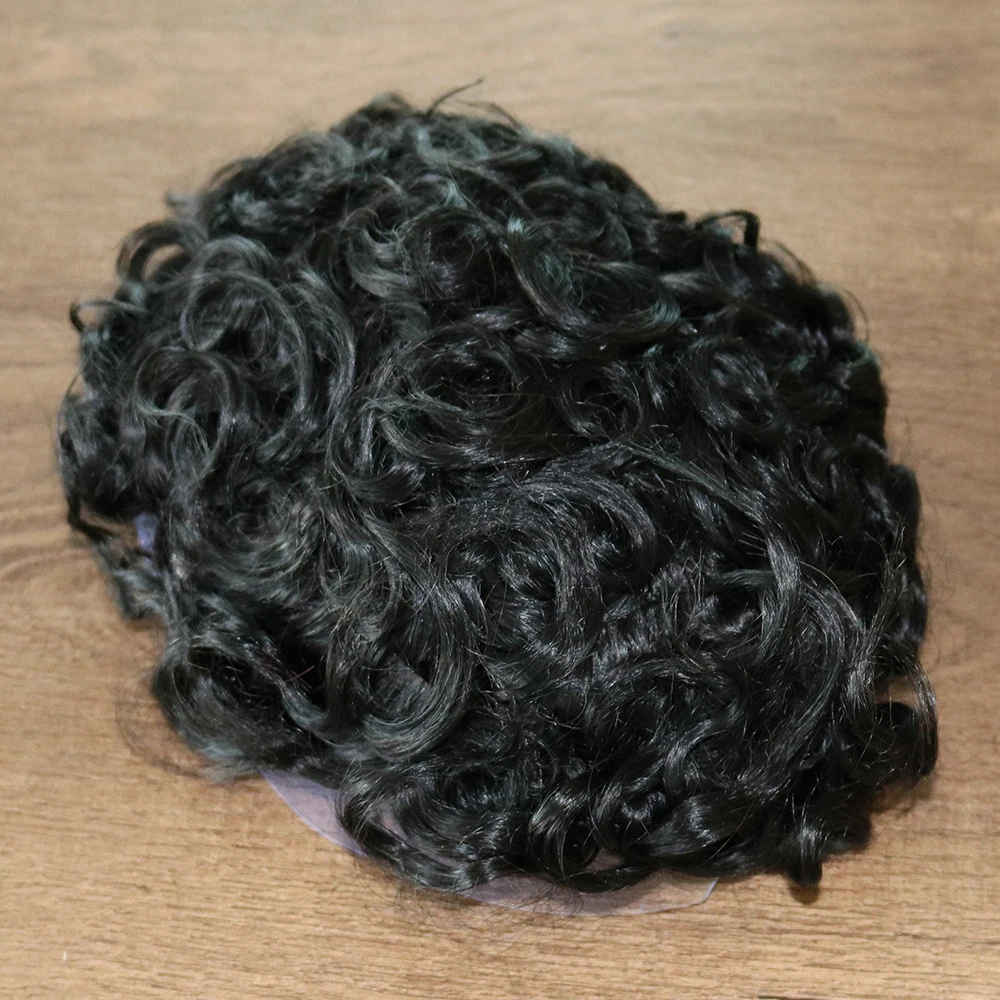 African American Wigs Skin Base Mens Hairpiece 120% Medium Density Afro Tight Curly Human Hair Toupee #1 Jet Black | Шиньоны и парики