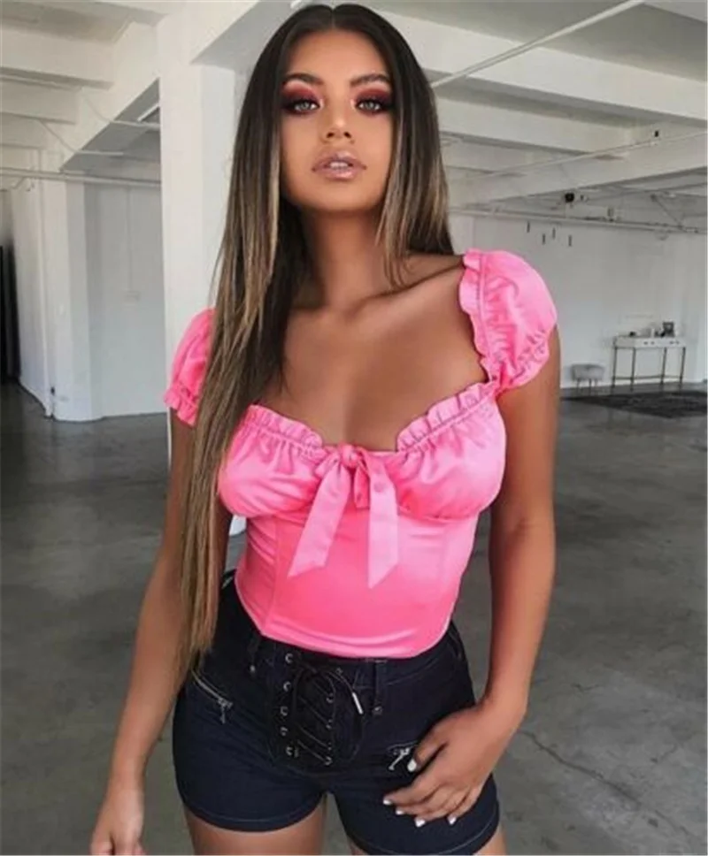 Модный сексуальный женский однотонный облегающий топ с коротким рукавом летний