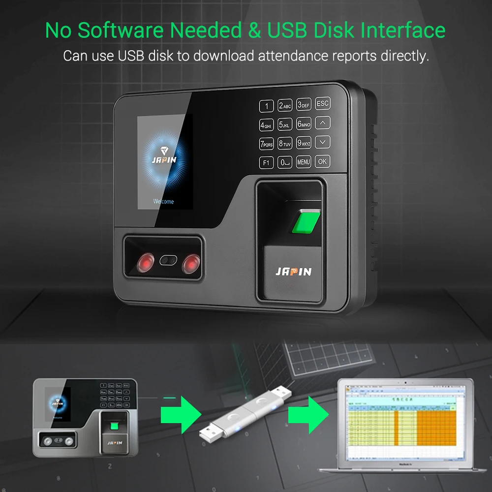 Attendace Machine Face Fingerprint Password Recognition Employee Checking-in Time Clock Recorder with 2.8'' TFT Screen Touch-Key