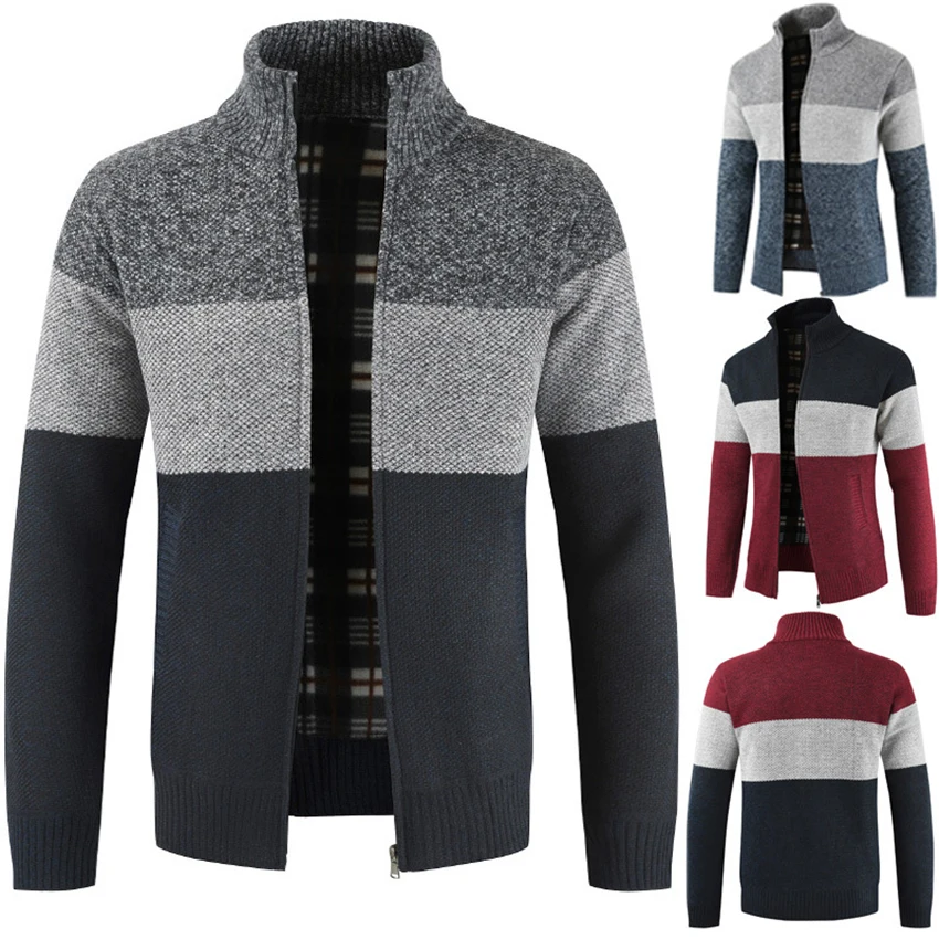 

Men's Autumn and Winter Sweater Patchwork Slim Fit Stand Collar Thick Cardigan Male Fashion Warm Sweater Clothing
