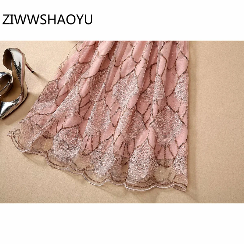 

ZIWWSHAOYU Women Summer Elegant Vintage Party Dresses Fashion Designer Ladies Mesh Embroidery Glitter Cute Midi Dresses 2020