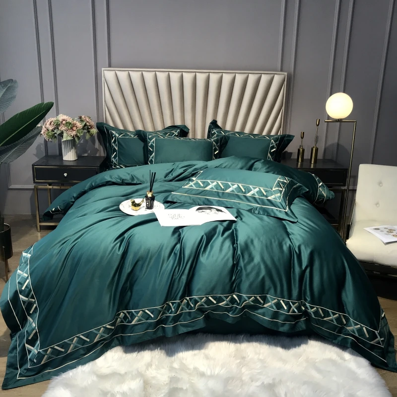 

1000TC Egyptian Cotton Bedlinen Green Embroidery Duvet Cover Pillowcase Flat Sheet Queen King Size 4pcs