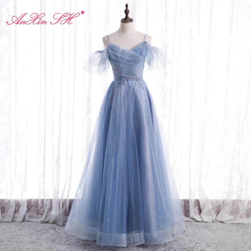 

AnXin SH princess star blue lace evening dress vintage party spaghetti strap ruffles sparkly a line host lace up evening dress