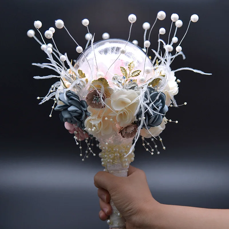 Kyunovia Dried Hydrangea Flower InTransparent Balls Pearl Bouquet Golden Leaf Bride Wedding Bouquet ramos gold de damas BY46