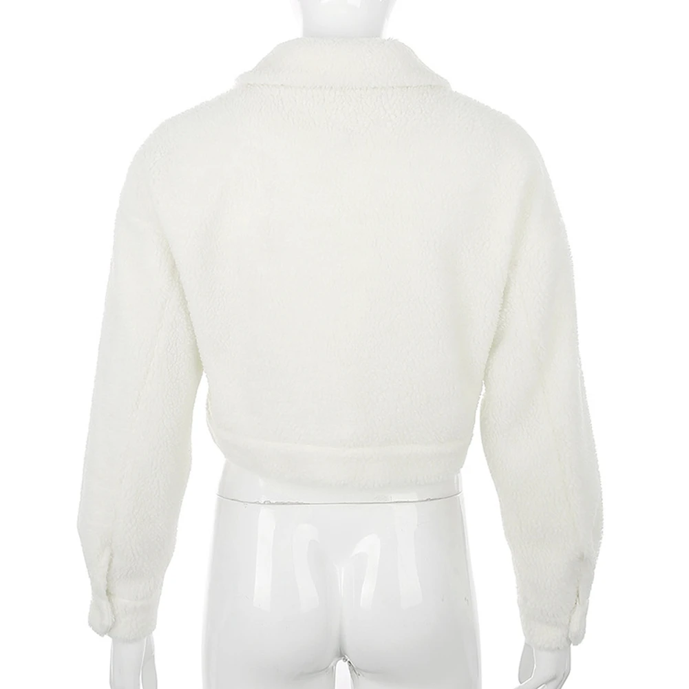 

Winter Warm Soft White Velvet Short Jacket Ladies Casual Long Sleeve Turn-Down Collar Fleece Coat With Pockets Blue Coats