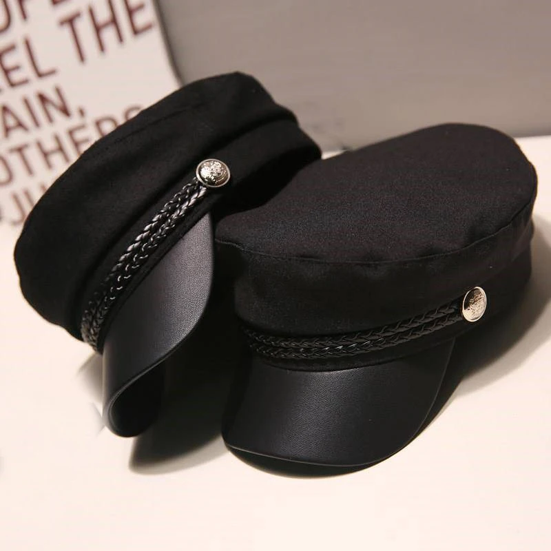 

Women Men Octagonal Hat Spring Autumn Sailor Hats PU Leather Ladies Beret Caps Flat Top Captain Cap Travel Cadet Military Hats