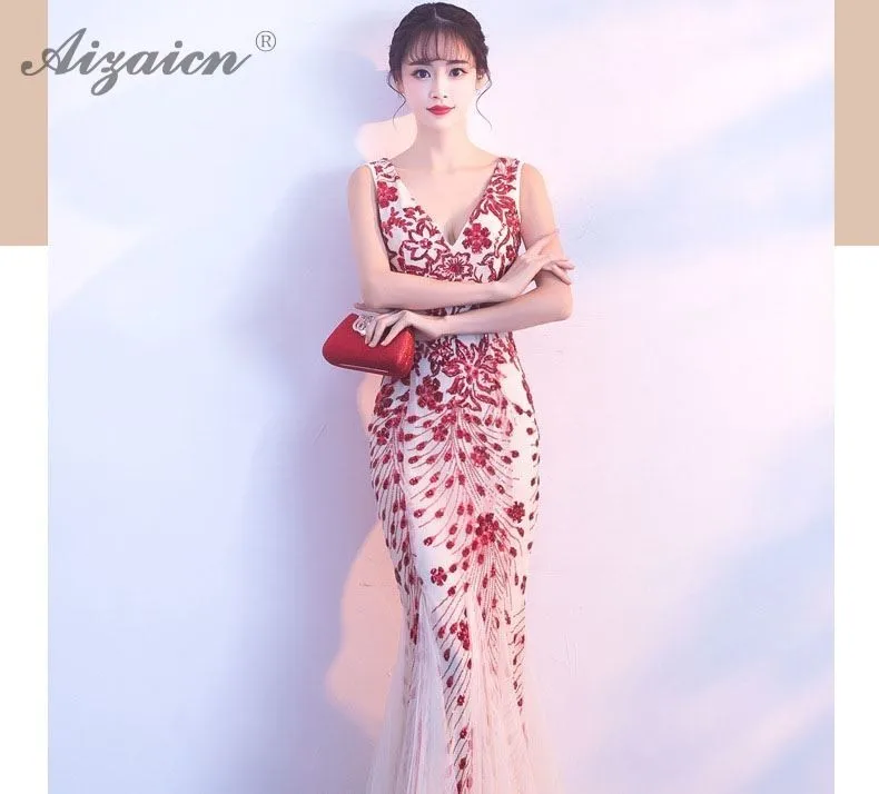 V-образным вырезом прозрачные вечерние платья в блестках Cheongsam Китай длинное вечернее платье Qi Pao женское китайское свадебное платье Qipao Русалка