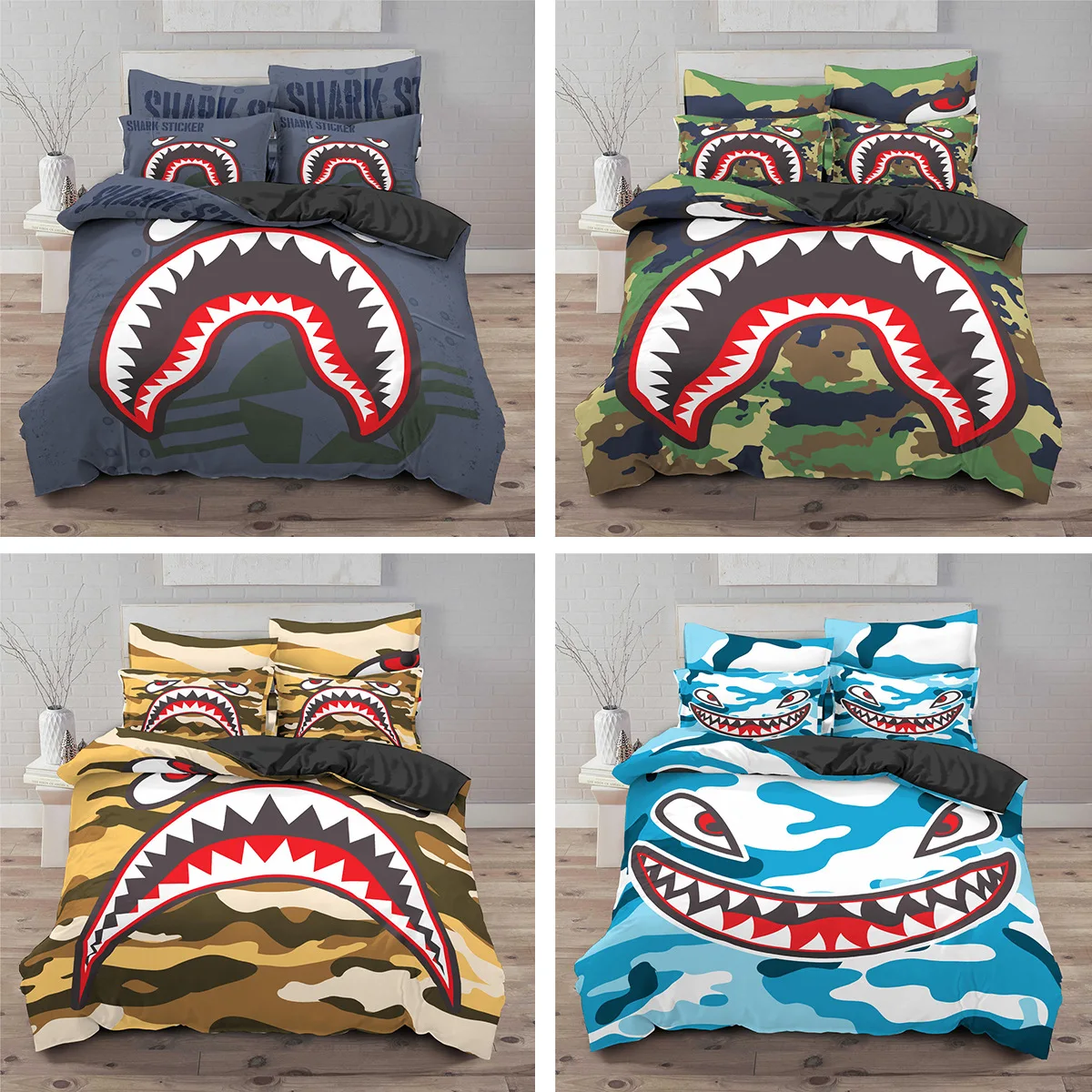 

3D Cute Animal Bedding Set Bule Shark King Size Duvet Cover and Pillowcase 2/3pcs Kids Adults Unisex Bedroom Decor
