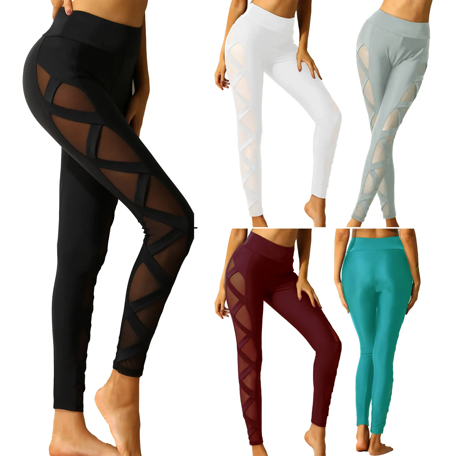 

Womens Yoga Running Workout Sport Leggings Pants Female Slim Fit Ballet Dancewear Side Mesh High Waist Bottoming Swim Leggings
