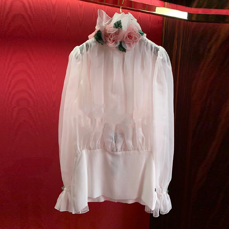 

Women Runway Fashion 2021 Spring Summer 3D Rose Appliques Ruffles Party Holiday White Blouse