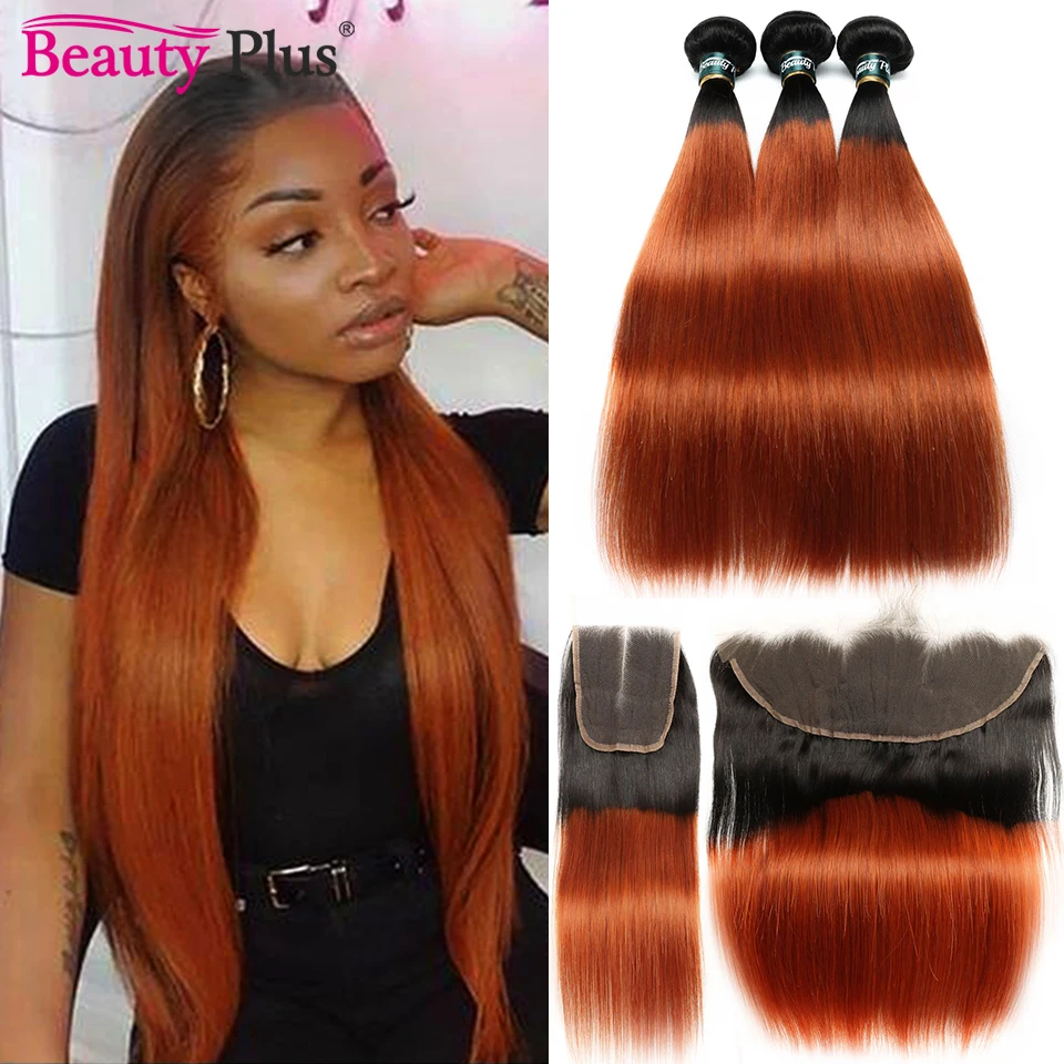 Orange Straight 4x4 Lace Closure With Bundle 10-28 Brazilian Ombre Two Toned  Remy Human Hair Weave Bundles With Frontal Closure