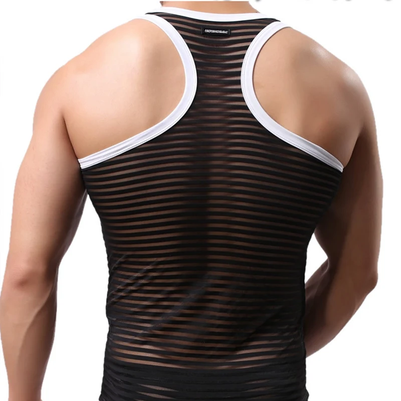 Мужская сетчатая майка AIIOU черная дышащая в полоску Прозрачное нижнее белье