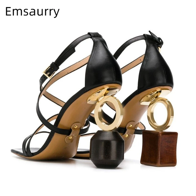 

Sexy Building Blocks Heel Sandals Women Genuine Leather Narrow Band Sexy Open Toe Cover Heels Unique Strange Heel Party Shoes