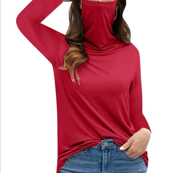 

Hot Sale Multifunctional Dustproof Face Mask High Neck Long Sleeve T-shirt Top Womens Dress Casual Solid Fashion Coats