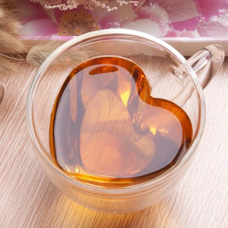 

Creative Double Wall Milk Glass Cup Coffee Heart Shape Wine Glass Insulated Coffee Cup Glass Bowl Tea Cups Szklanki Drinkware
