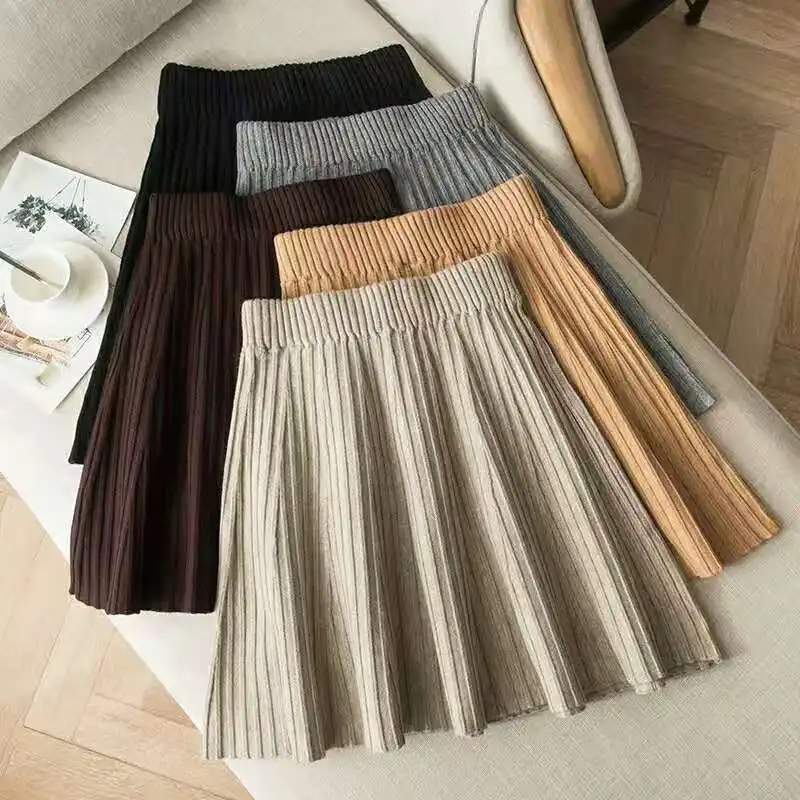 

Spring Autumn Women's Pleated A Line Mini Skirt Female Short Knitted Fashion Vintage Solid Skirts for Women Fashion All Match