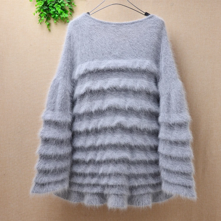 

Top mujer femme fashion wavy pattern weave loose o-neck plush angora rabbit fur long sleeves pullover mink cashmere sweater coat