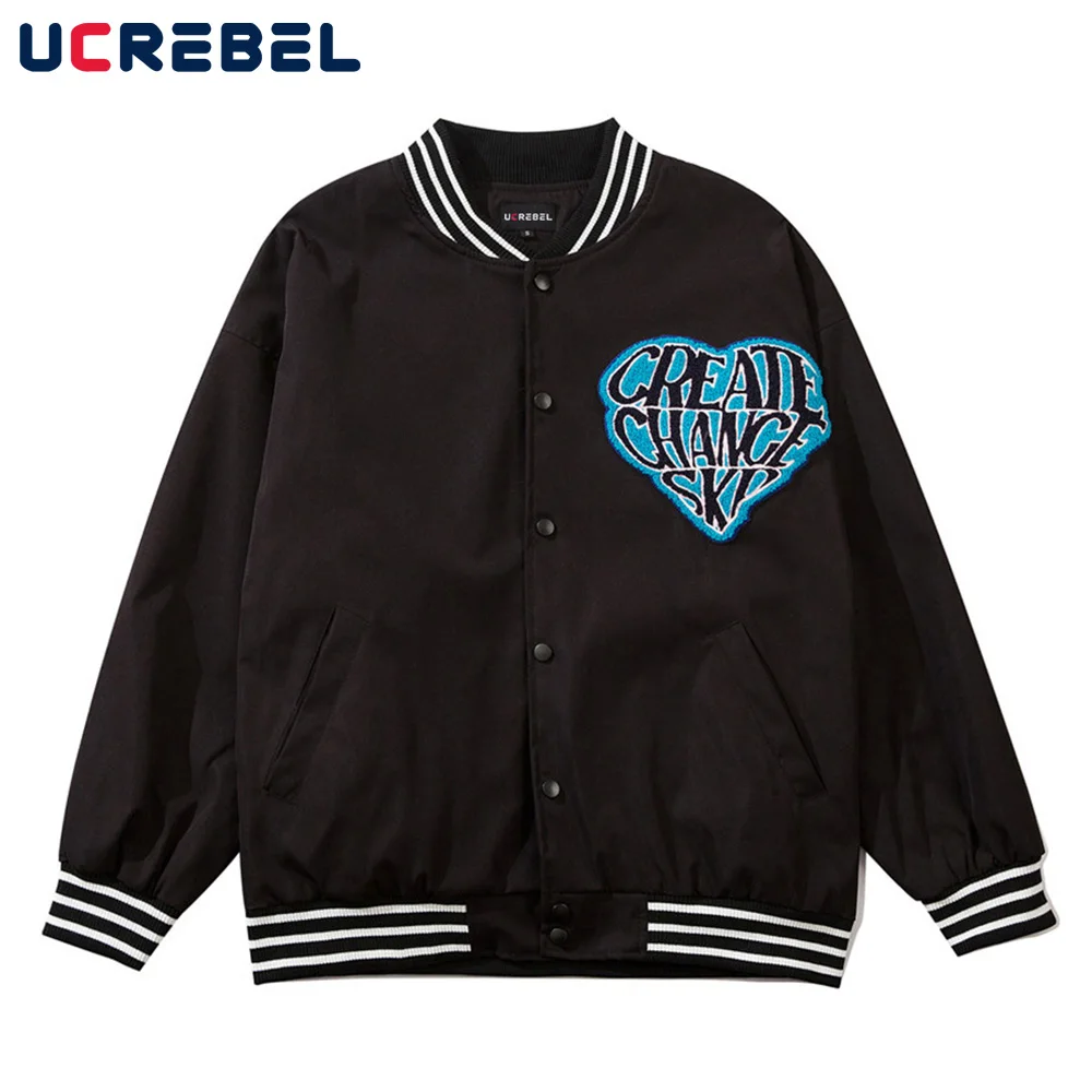 

Heart Letter Embroidery Varsity Jacket Mens Autumn Baseball Jacket Streetwear Loose Sports Outerwear Men