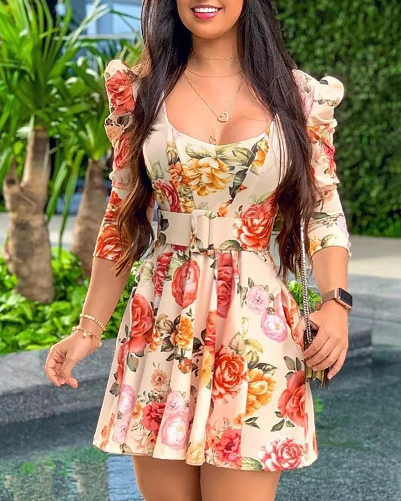 

2021 European and American new women's fashion Floral Print Puff Sleeve Dress With Belt in early autumn