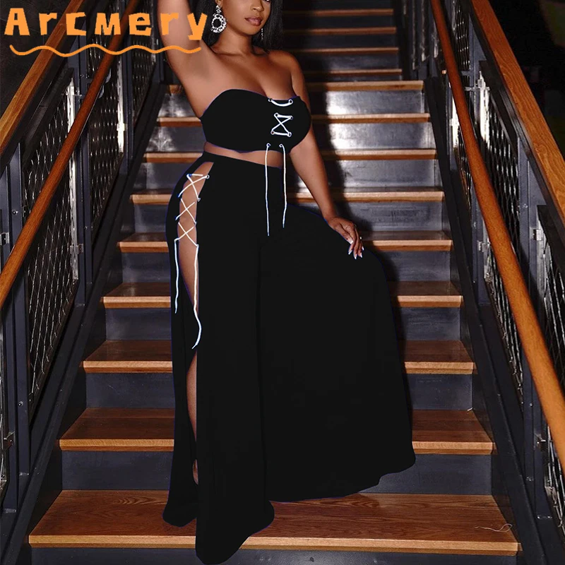 

2 Piece Chic Summer Suits Lace Up Tube Top & Side Slit Loose Wide Leg Pants Set