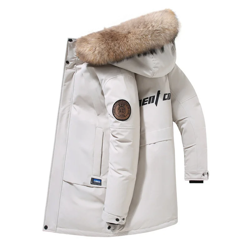 

Мужской длинный пуховик с капюшоном, теплый толстый пуховик на белом утином пуху, однотонная парка с защитой от ветра, зима 2021