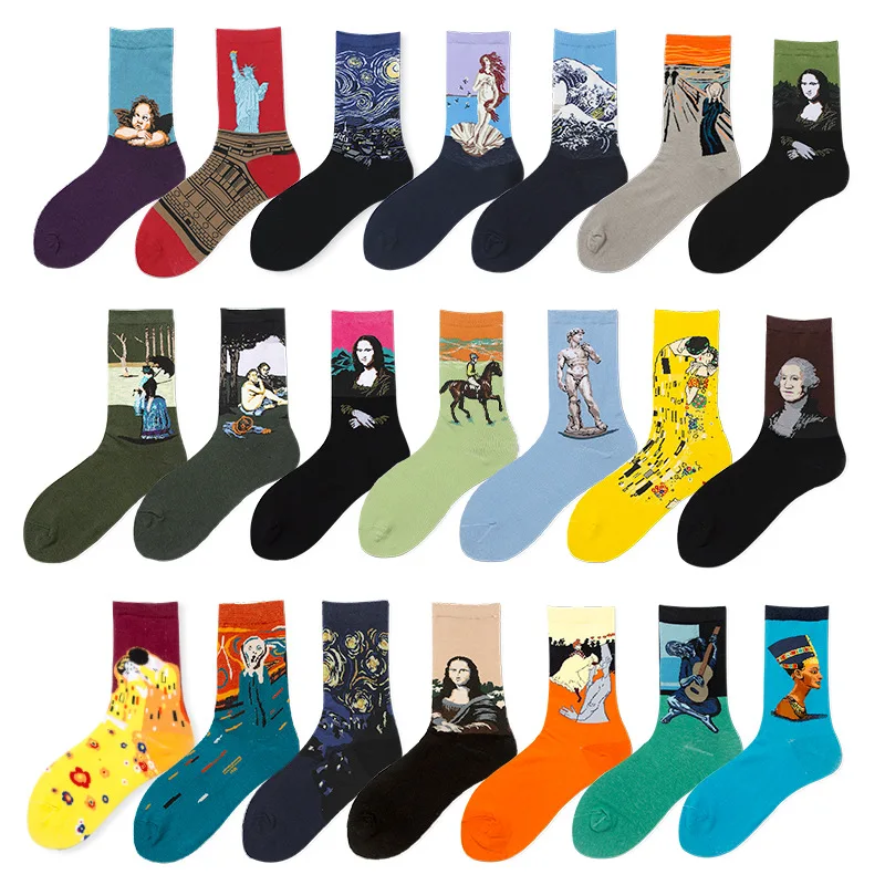 

7 pairs lot pack men socks Van Gogh Oil painting socks happy funny socks Starry sky cotton socks