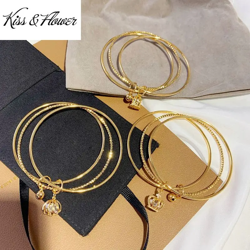 

KISS&FLOWER BR269 Fine Jewelry Wholesale Fashion Woman Bride Birthday Wedding Gift Crown AAA Zircon 24KT Gold Bracelet Bangle