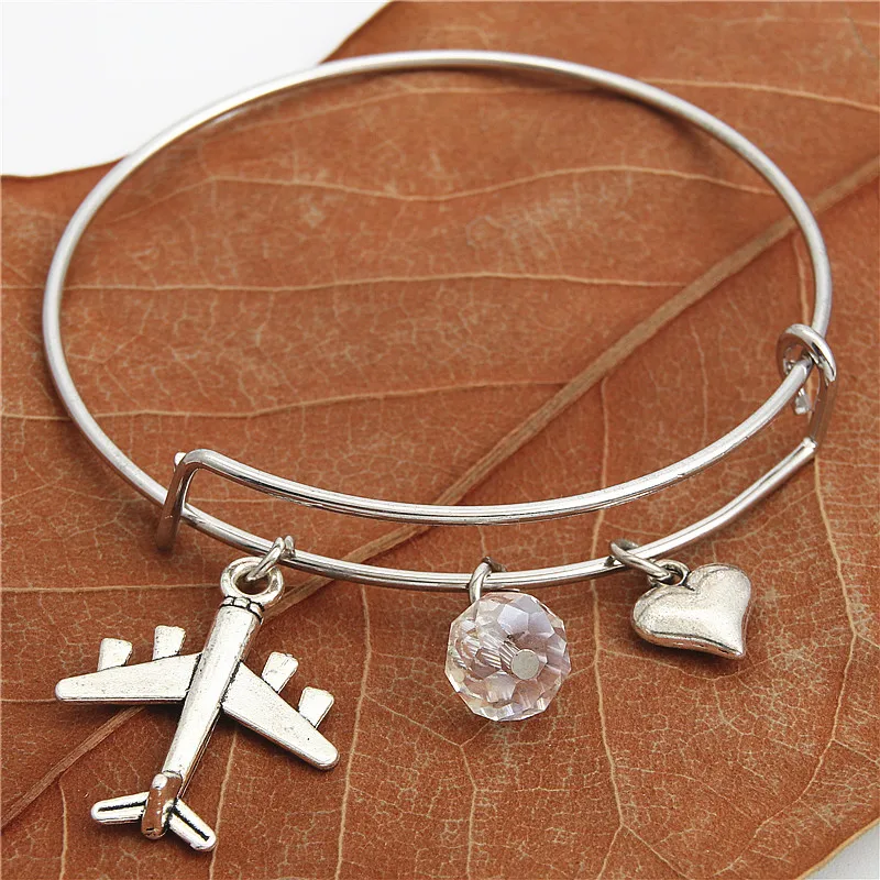 1pc Airplane Bangle With Beads Heart Charms Plane Bracelet Travel Jewelry For Pilot Gift E2193 | Украшения и аксессуары