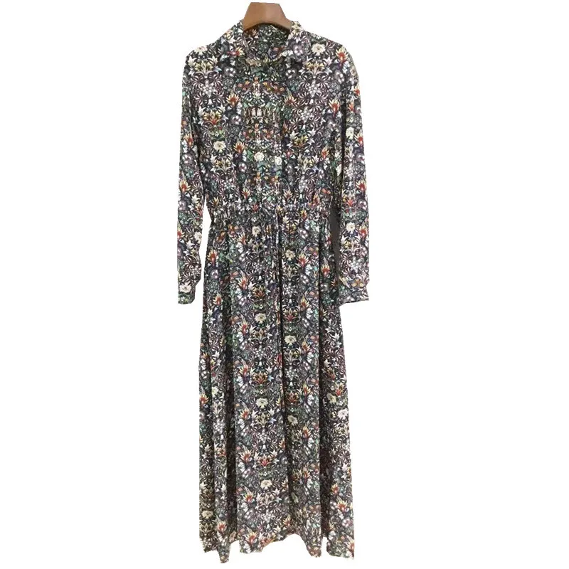 

New Floral Print Long Dress Women's Vintage High Waist Long Sleeve Maxi Dress